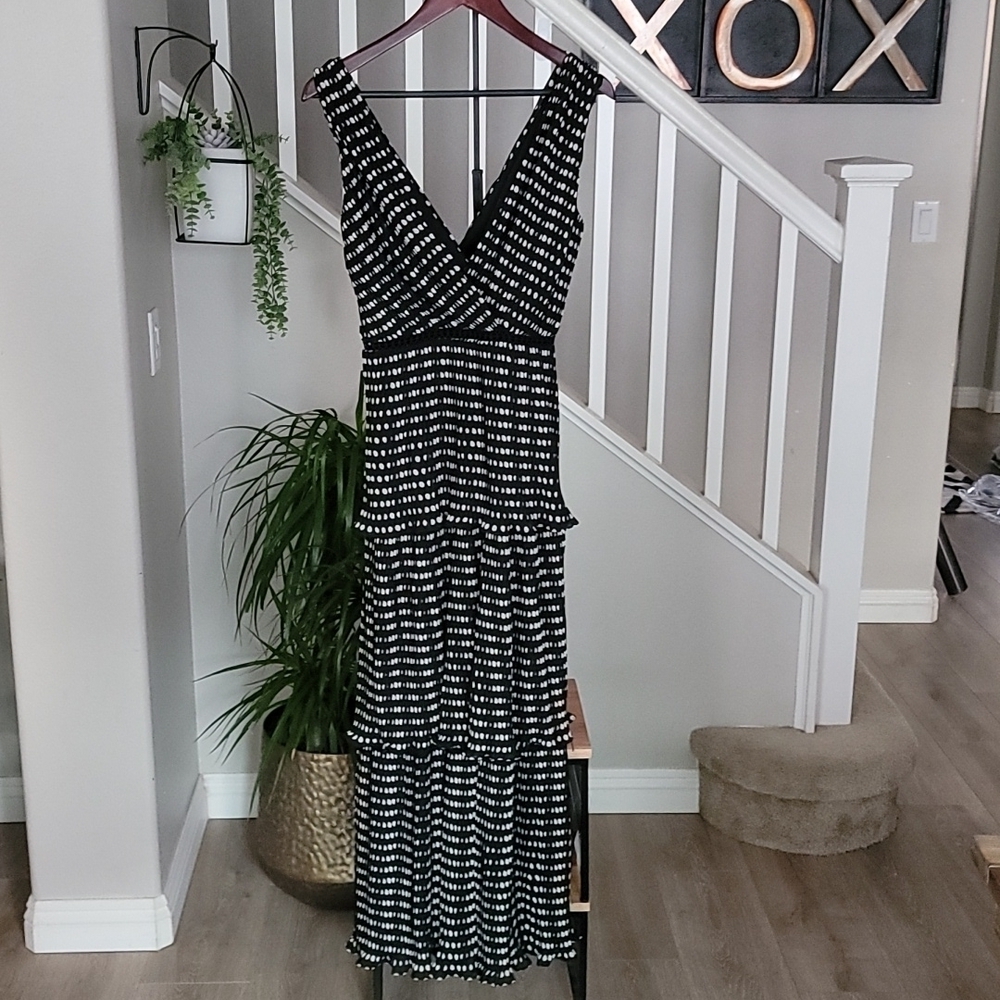 Lulus Do-Si-Do Pleated Tiered Midi Dress | Black Polka Dot Sleeveless | Size S - Picture 4 of 12